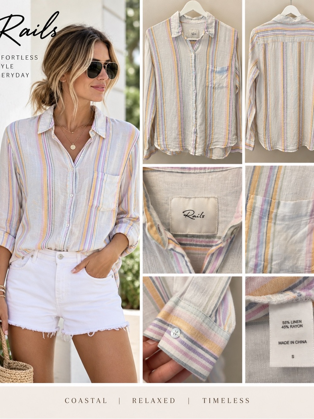 Rails Charli Pastel Stripe Linen Blend Button Down Shirt Size S